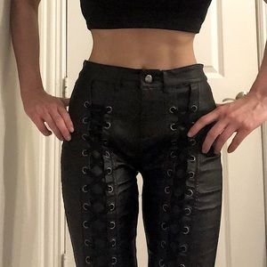 Black Lace Up Leather Like Pants